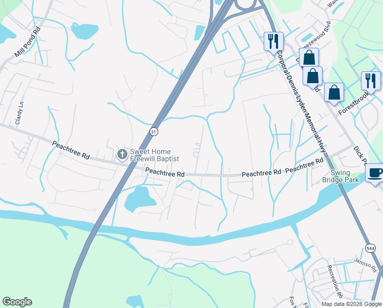 map of restaurants, bars, coffee shops, grocery stores, and more near 6125 R C Sarvis Lane in Myrtle Beach