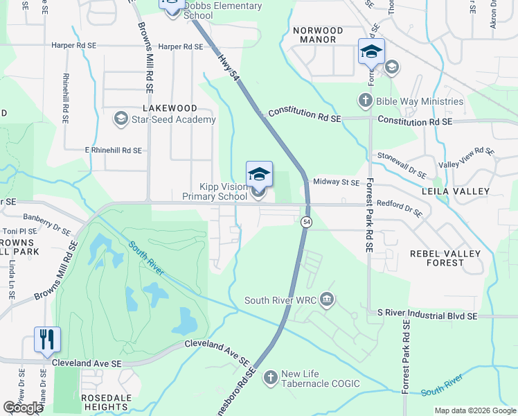 map of restaurants, bars, coffee shops, grocery stores, and more near 635 McWilliams Road in Atlanta