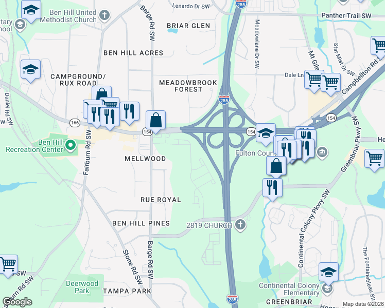 map of restaurants, bars, coffee shops, grocery stores, and more near Campbellton Road Southwest in Atlanta