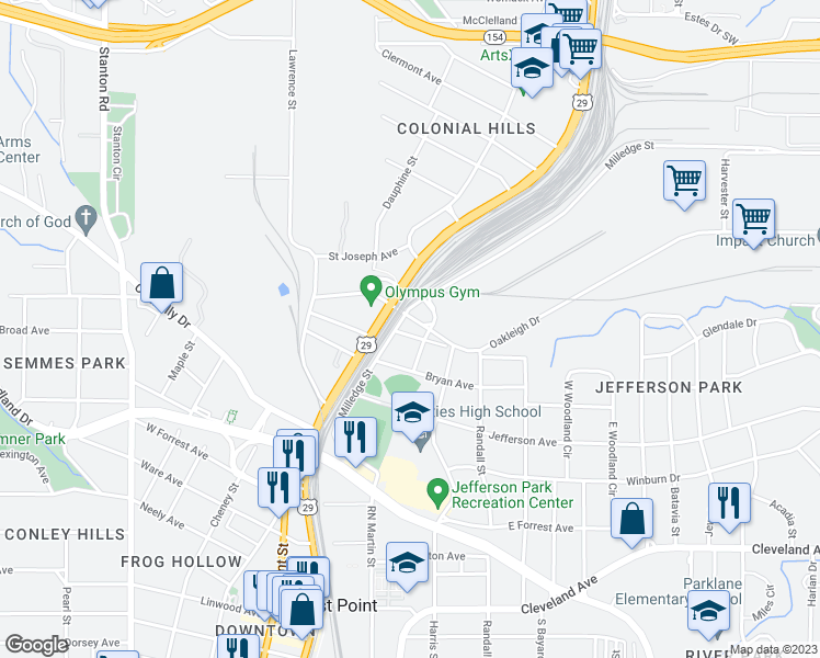 map of restaurants, bars, coffee shops, grocery stores, and more near 1457 Wadley Avenue in Atlanta