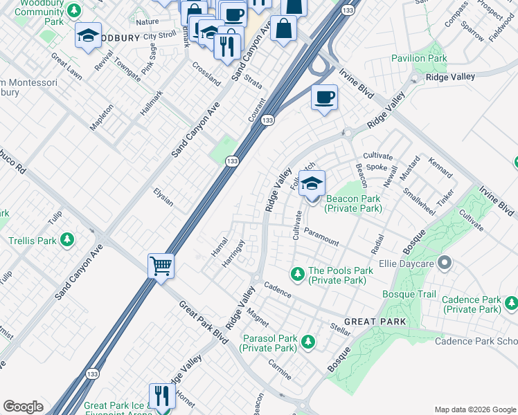 map of restaurants, bars, coffee shops, grocery stores, and more near 120 Novel in Irvine