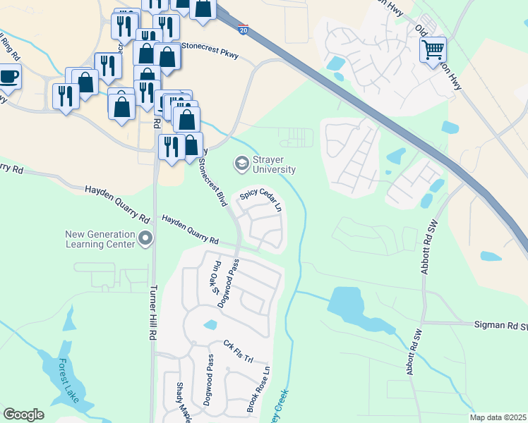 map of restaurants, bars, coffee shops, grocery stores, and more near 7536 Roseberry Way in Stonecrest