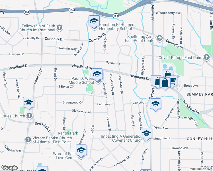 map of restaurants, bars, coffee shops, grocery stores, and more near 2448 Graywall Street in East Point