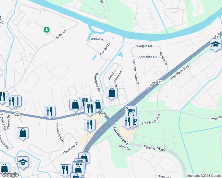 map of restaurants, bars, coffee shops, grocery stores, and more near 93 Ranchette Circle in Myrtle Beach