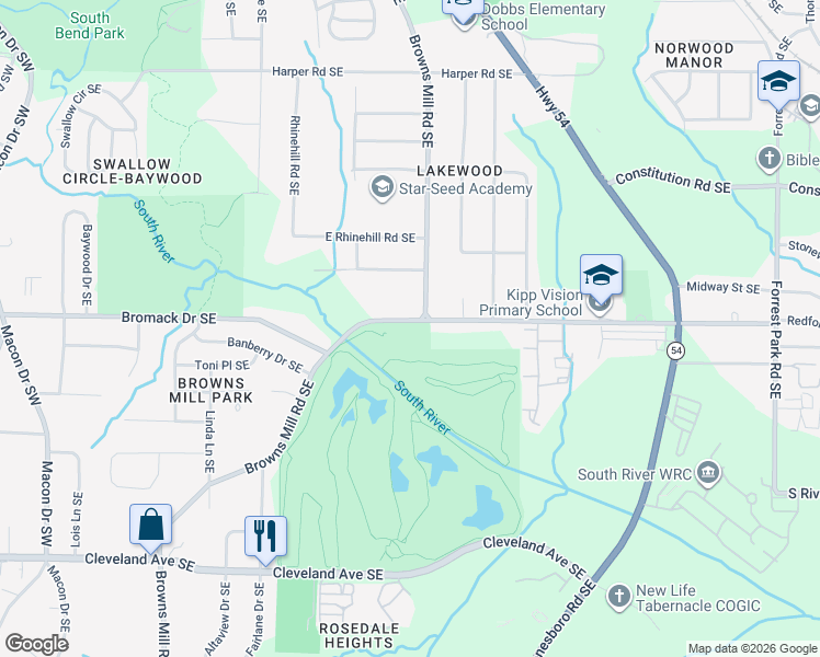 map of restaurants, bars, coffee shops, grocery stores, and more near 2372 Browns Mill Road Southeast in Atlanta