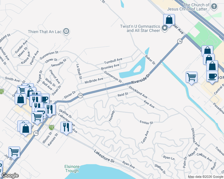 map of restaurants, bars, coffee shops, grocery stores, and more near Riverside Drive in Lake Elsinore