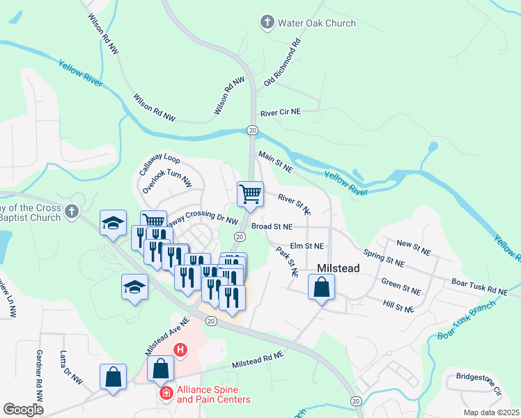 map of restaurants, bars, coffee shops, grocery stores, and more near 1490 Broad Street Northeast in Conyers