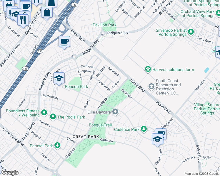 map of restaurants, bars, coffee shops, grocery stores, and more near 101 Tinker in Irvine