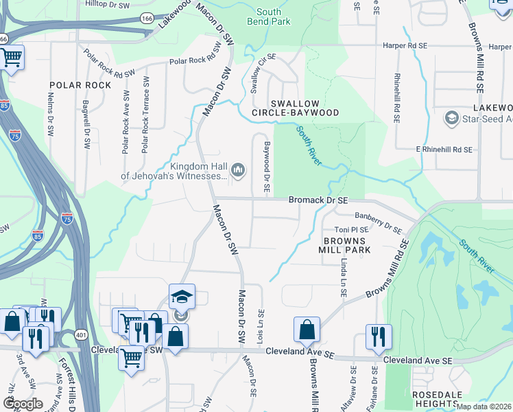 map of restaurants, bars, coffee shops, grocery stores, and more near 2412 Baywood Drive Southeast in Atlanta