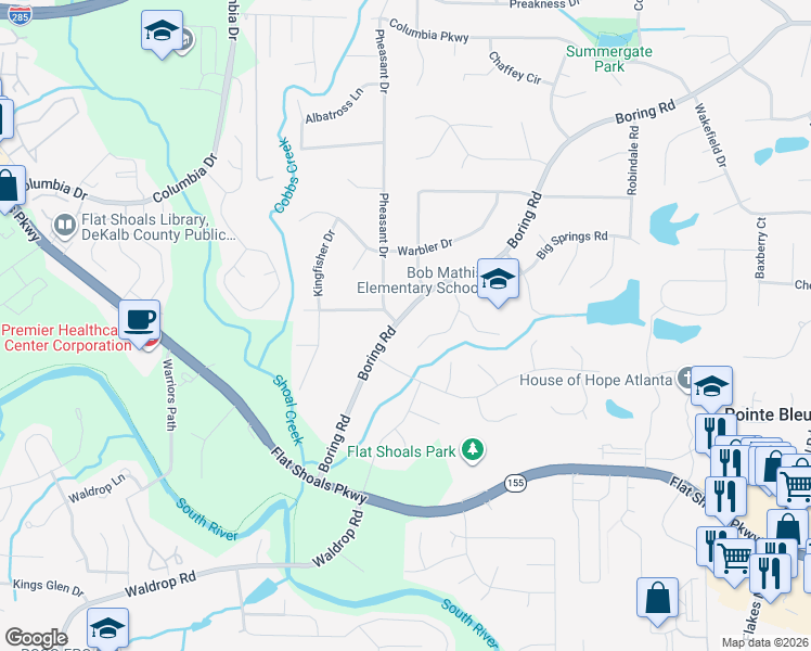 map of restaurants, bars, coffee shops, grocery stores, and more near 3401 Boring Road in Decatur