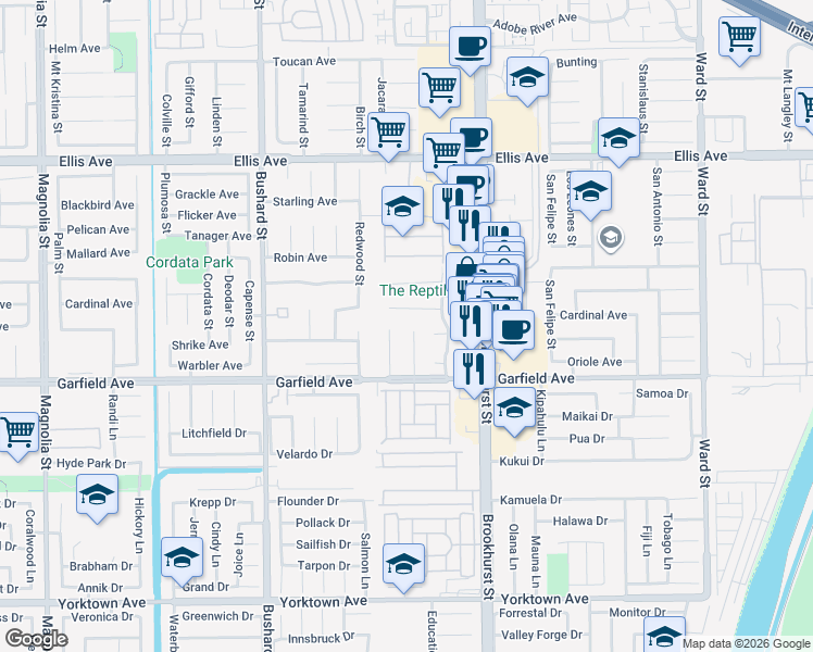 map of restaurants, bars, coffee shops, grocery stores, and more near 18885 Mount Walton Circle in Fountain Valley