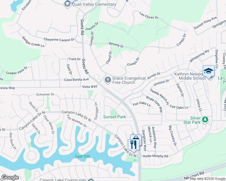 map of restaurants, bars, coffee shops, grocery stores, and more near 29391 Santa Ynez Circle in Menifee