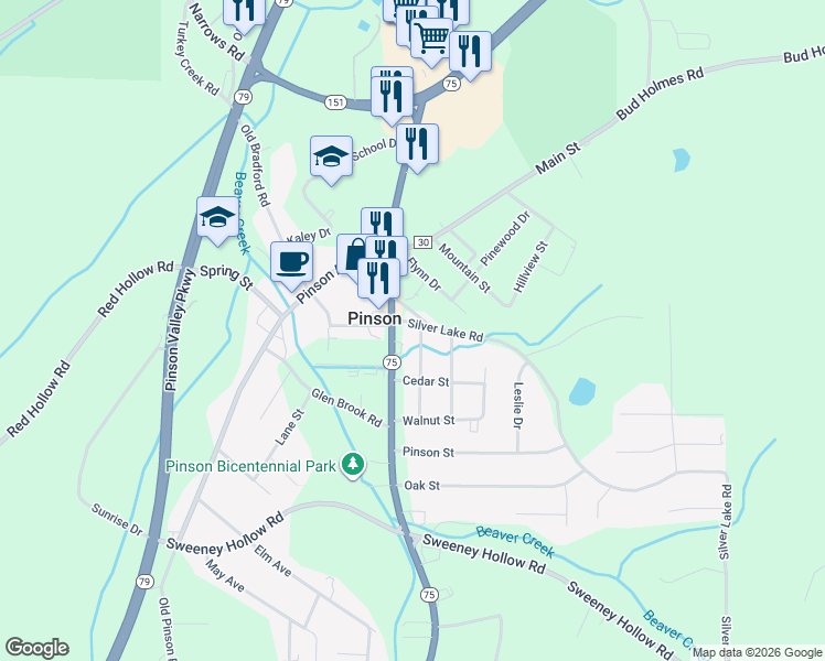 map of restaurants, bars, coffee shops, grocery stores, and more near 4205 Silver Lake Road in Pinson