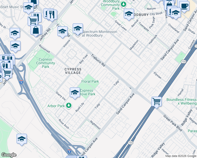map of restaurants, bars, coffee shops, grocery stores, and more near 52 Sycamore Bend in Irvine