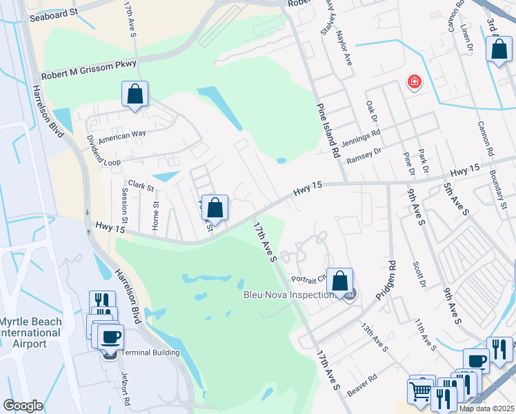 map of restaurants, bars, coffee shops, grocery stores, and more near 1200E Pinegrove Drive in Myrtle Beach