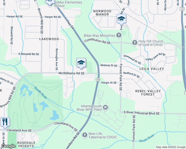 map of restaurants, bars, coffee shops, grocery stores, and more near 2390 Rose Palm Lane in Atlanta