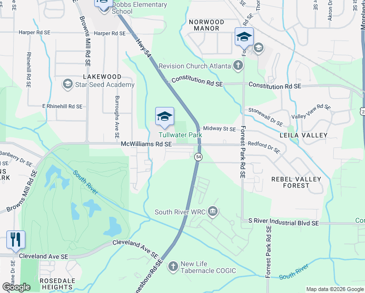 map of restaurants, bars, coffee shops, grocery stores, and more near 697 McWilliams Road in Atlanta