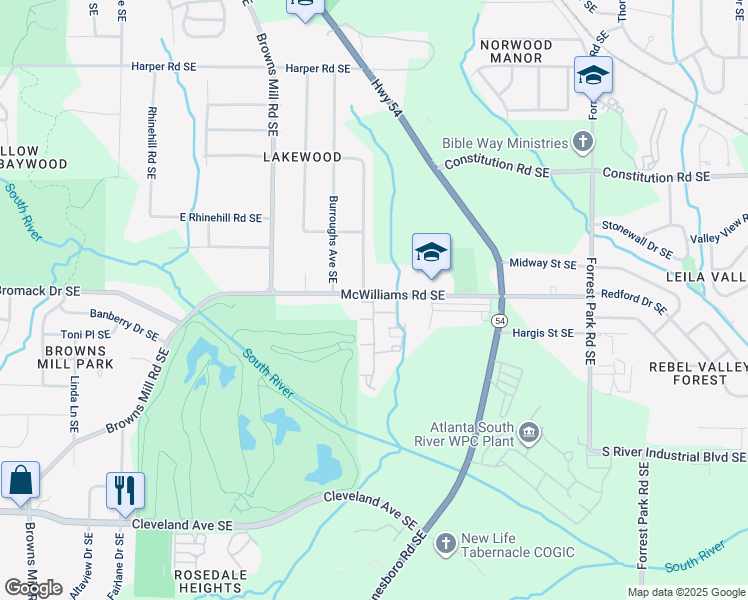 map of restaurants, bars, coffee shops, grocery stores, and more near 2602 McWilliams Road in Atlanta