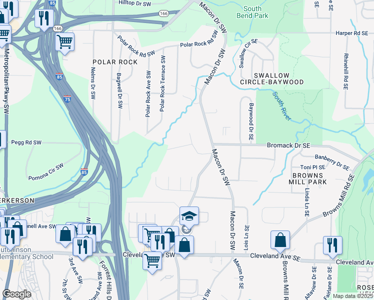map of restaurants, bars, coffee shops, grocery stores, and more near 126 Meadow Park Lane Southwest in Atlanta