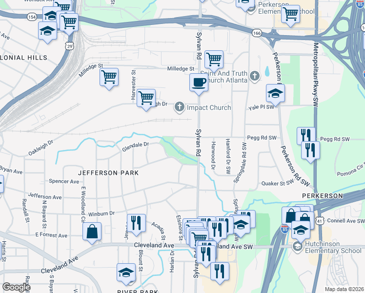map of restaurants, bars, coffee shops, grocery stores, and more near 929 Parkside Terrace in East Point