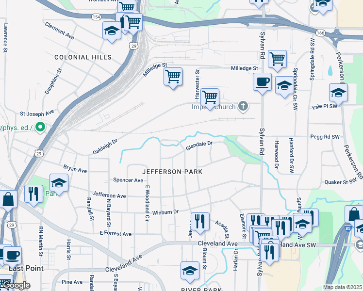 map of restaurants, bars, coffee shops, grocery stores, and more near 2350 Jefferson Terrace in East Point
