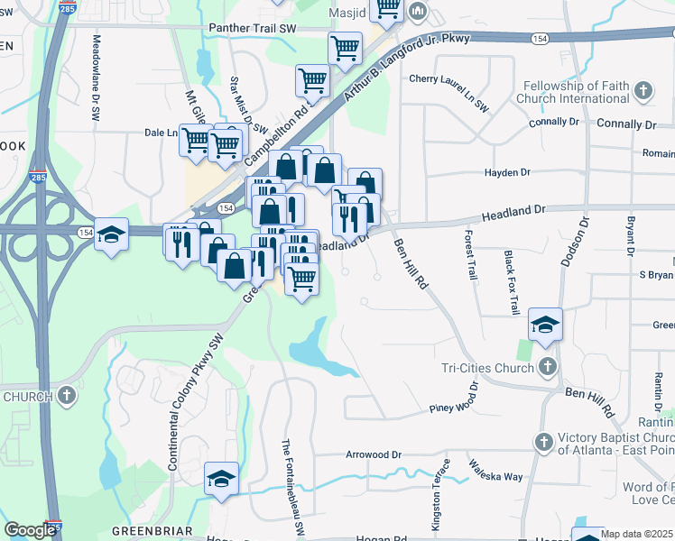 map of restaurants, bars, coffee shops, grocery stores, and more near 2440 McAlpine Terrace in East Point