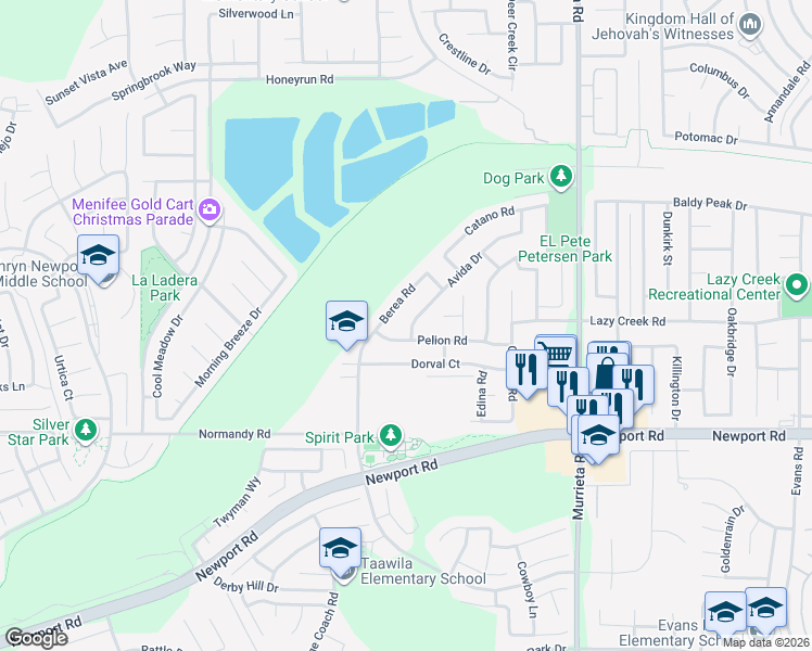 map of restaurants, bars, coffee shops, grocery stores, and more near 29843 Avida Drive in Menifee