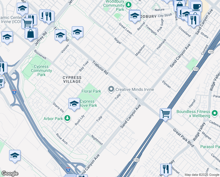map of restaurants, bars, coffee shops, grocery stores, and more near 56 Purple Jasmine in Irvine