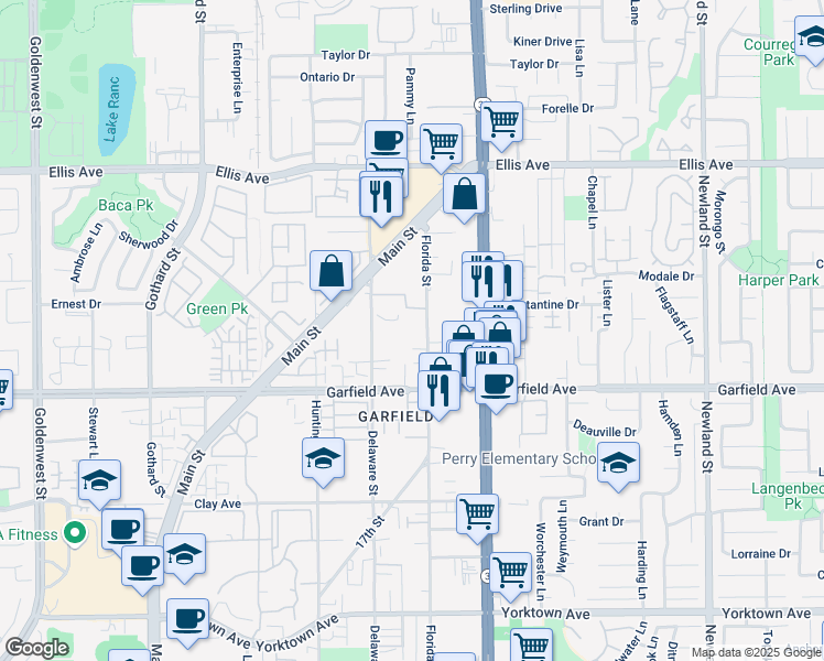 map of restaurants, bars, coffee shops, grocery stores, and more near 18851 Florida Street in Huntington Beach