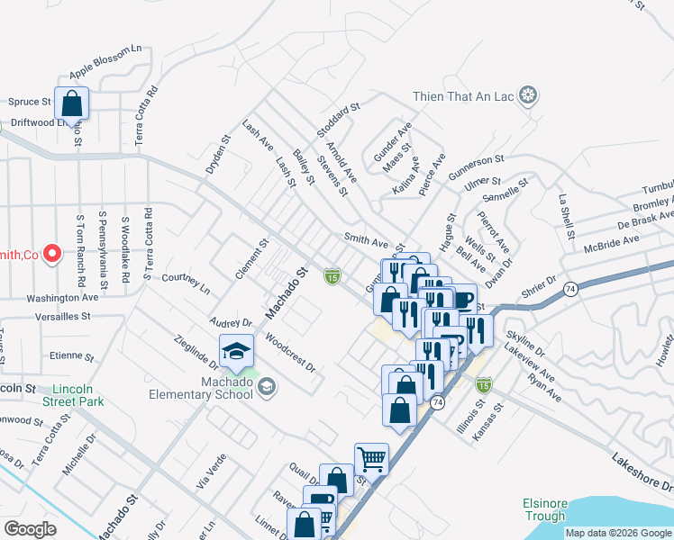 map of restaurants, bars, coffee shops, grocery stores, and more near 30187 Allis Street in Lake Elsinore