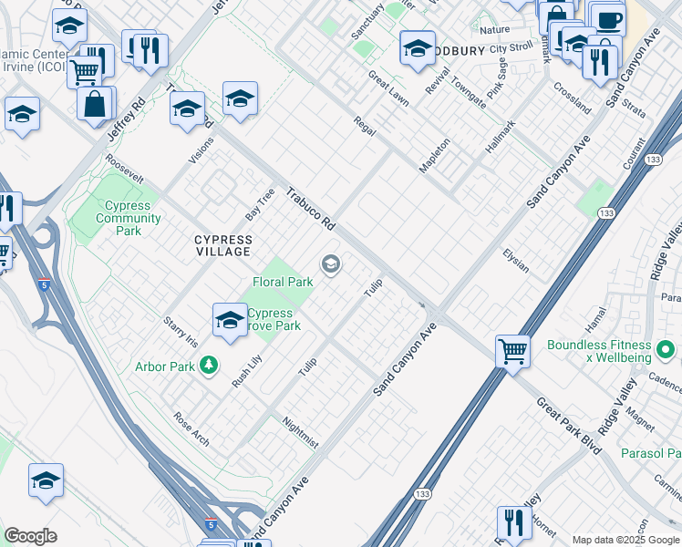 map of restaurants, bars, coffee shops, grocery stores, and more near 56 Purple Jasmine in Irvine
