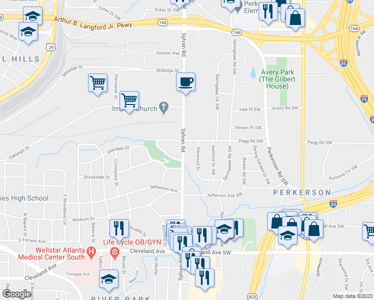map of restaurants, bars, coffee shops, grocery stores, and more near 2424 Sylvan Road in Atlanta