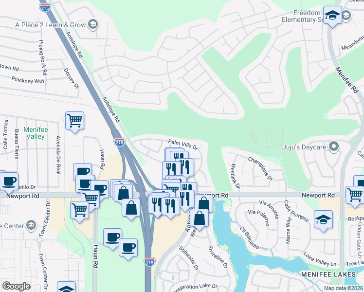map of restaurants, bars, coffee shops, grocery stores, and more near 29736 Mimosa Court in Menifee