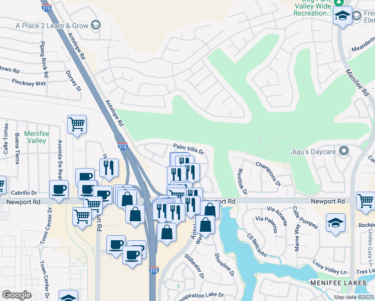 map of restaurants, bars, coffee shops, grocery stores, and more near 29736 Mimosa Court in Menifee