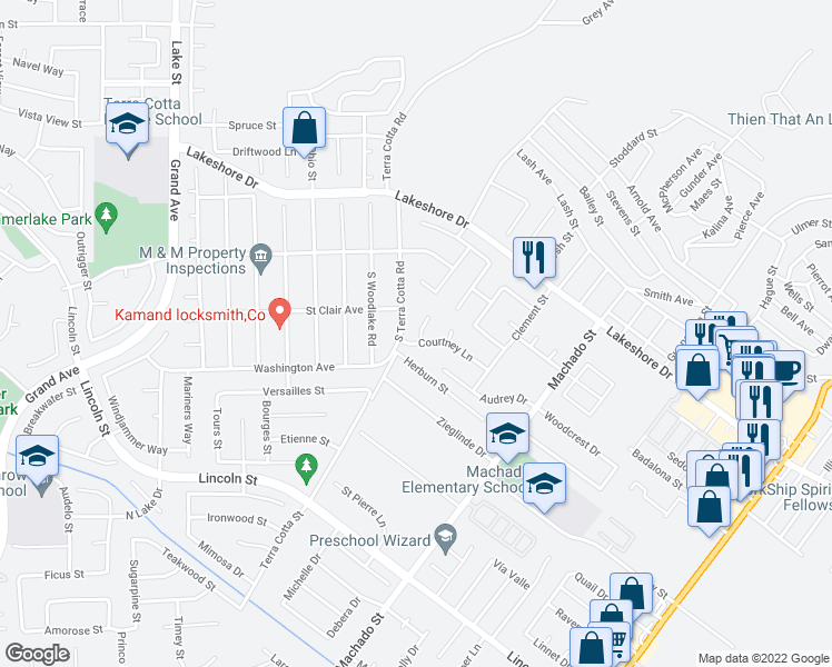 map of restaurants, bars, coffee shops, grocery stores, and more near 15160 Courtney Lane in Lake Elsinore