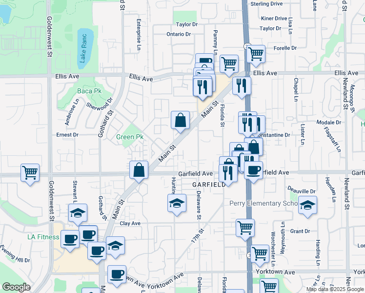 map of restaurants, bars, coffee shops, grocery stores, and more near 18800 Main Street in Huntington Beach