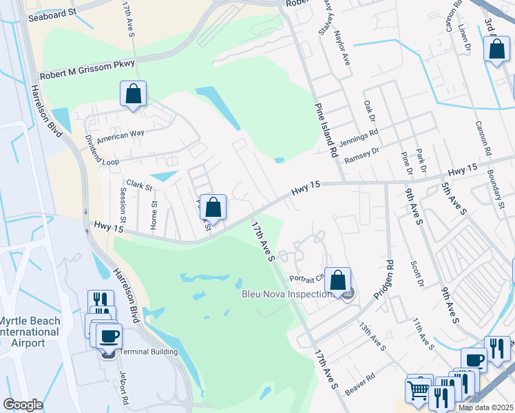 map of restaurants, bars, coffee shops, grocery stores, and more near 1200E Pinegrove Drive in Myrtle Beach
