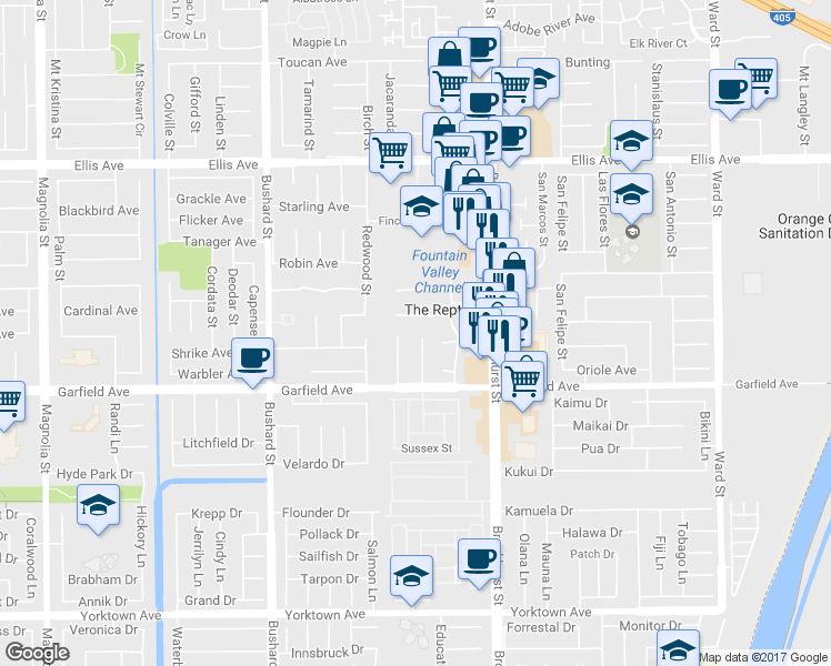 map of restaurants, bars, coffee shops, grocery stores, and more near 18885 Mount Walton Circle in Fountain Valley