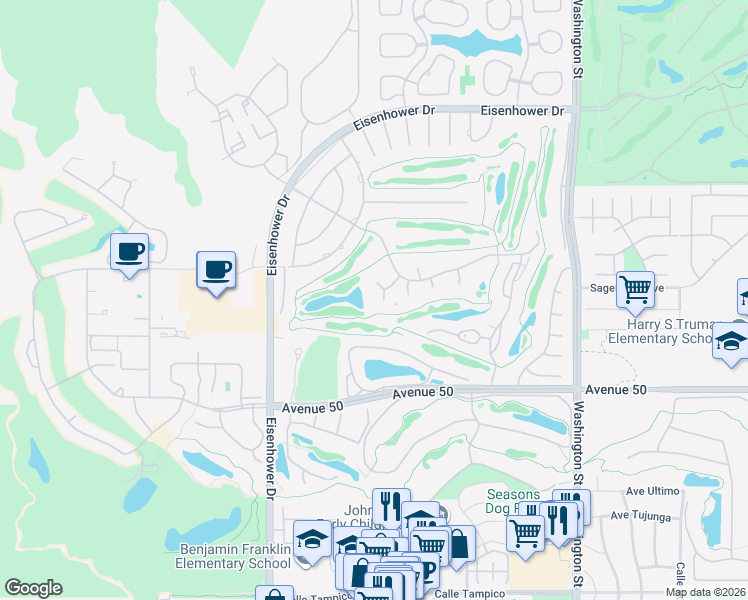 map of restaurants, bars, coffee shops, grocery stores, and more near 49025 Cedros Circle in La Quinta