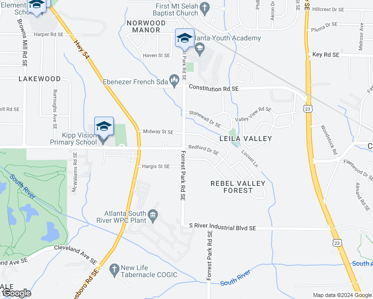 map of restaurants, bars, coffee shops, grocery stores, and more near 2404 Forrest Park Road Southeast in Atlanta