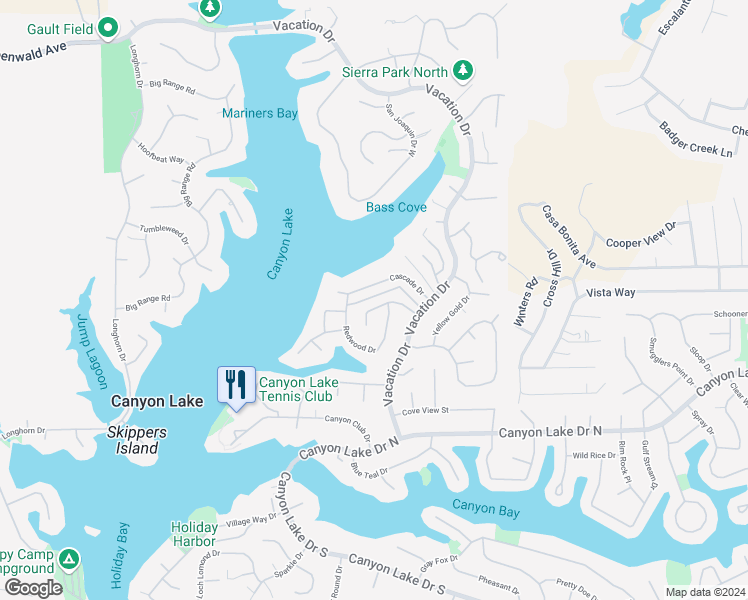 map of restaurants, bars, coffee shops, grocery stores, and more near 22666 Castle Crag Drive in Canyon Lake