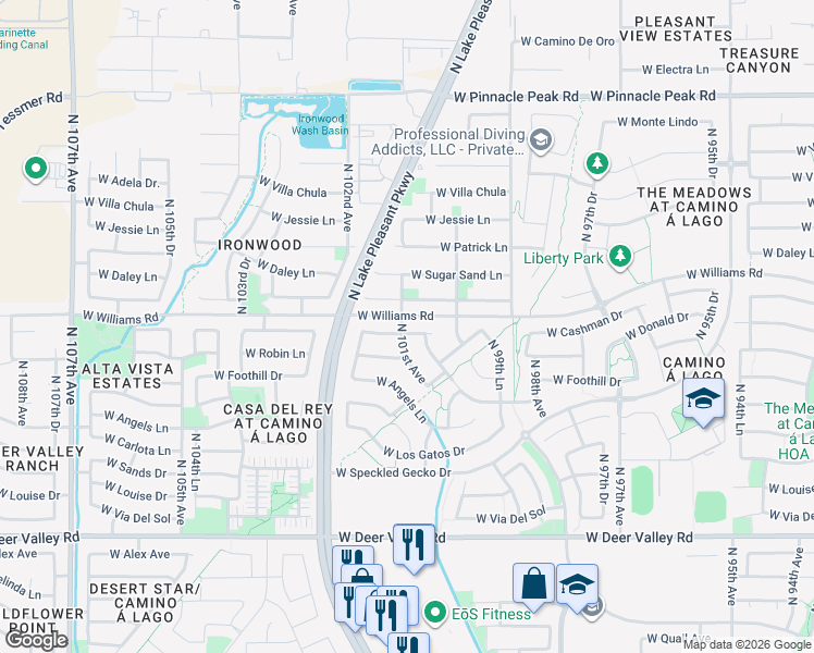 map of restaurants, bars, coffee shops, grocery stores, and more near 10090 West Cashman Drive in Peoria