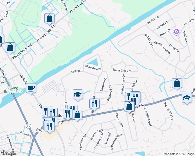 map of restaurants, bars, coffee shops, grocery stores, and more near 5689 Rosewood Drive in Myrtle Beach