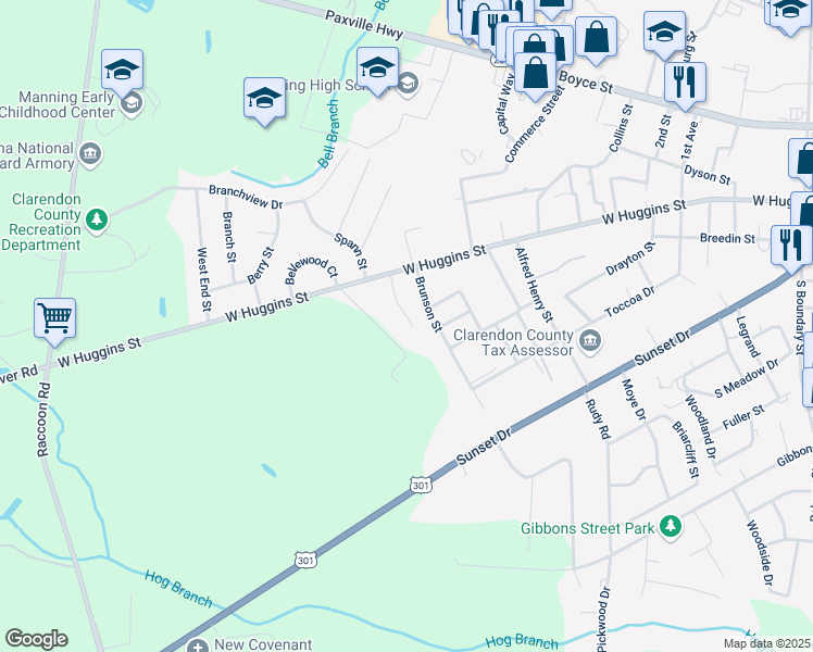 map of restaurants, bars, coffee shops, grocery stores, and more near 1132 Moorer Street in Manning