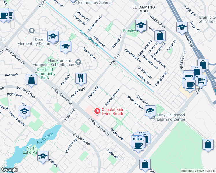 map of restaurants, bars, coffee shops, grocery stores, and more near 15202 Marne Circle in Irvine