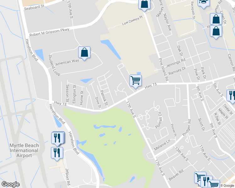 map of restaurants, bars, coffee shops, grocery stores, and more near 1201 Pinegrove Drive in Myrtle Beach