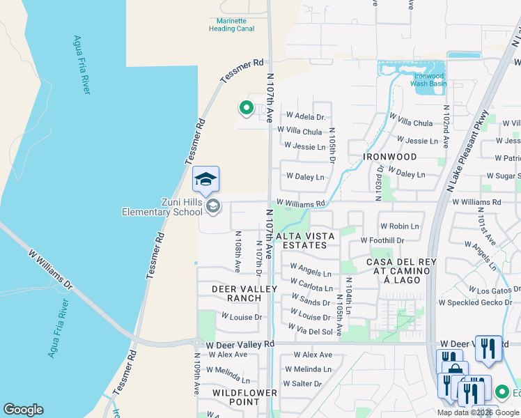 map of restaurants, bars, coffee shops, grocery stores, and more near 10725 West Williams Road in Sun City
