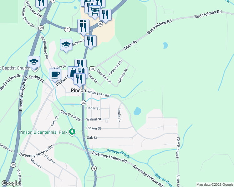 map of restaurants, bars, coffee shops, grocery stores, and more near 4282 Silver Lake Road in Pinson