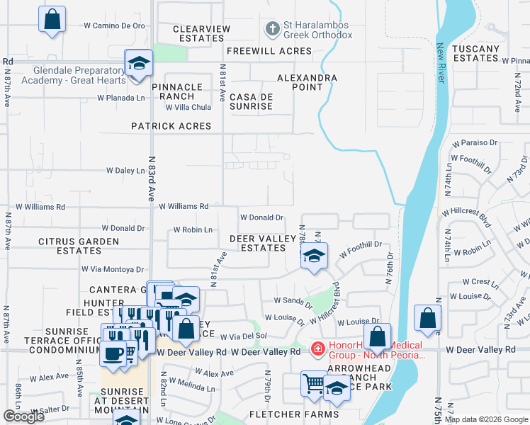 map of restaurants, bars, coffee shops, grocery stores, and more near 8016 West Donald Drive in Peoria