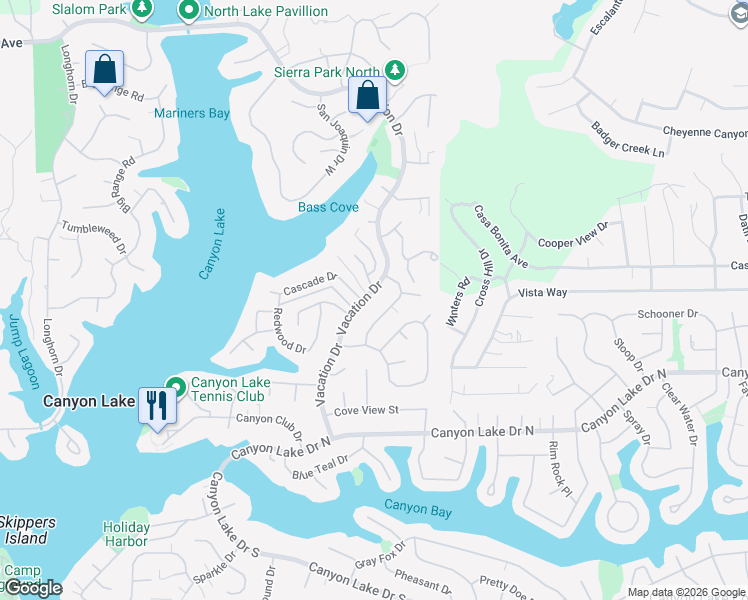 map of restaurants, bars, coffee shops, grocery stores, and more near 29706 Vacation Drive in Canyon Lake